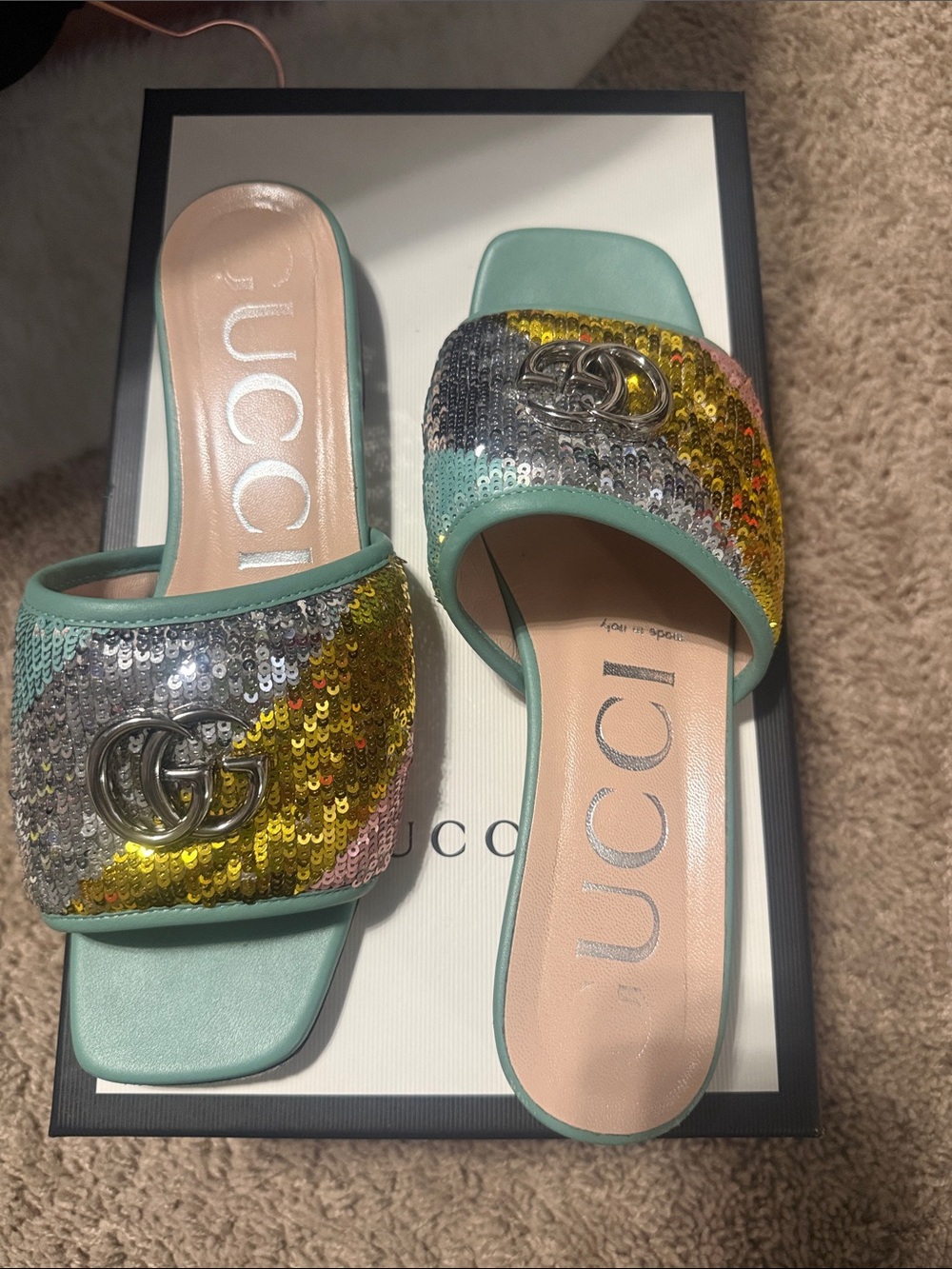 Gucci Mint Sequin Slide Sandals with Multicolor Sequins - Picture 2 of 5